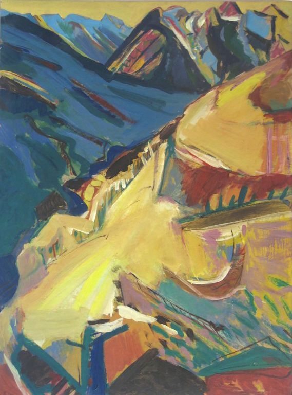 Abstract landscape painting with blue mountains