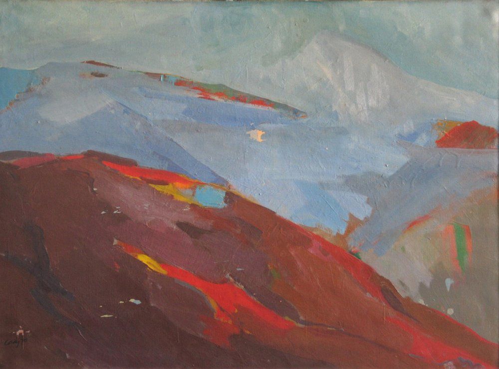 Mountains painted with bold brushstrokes in red