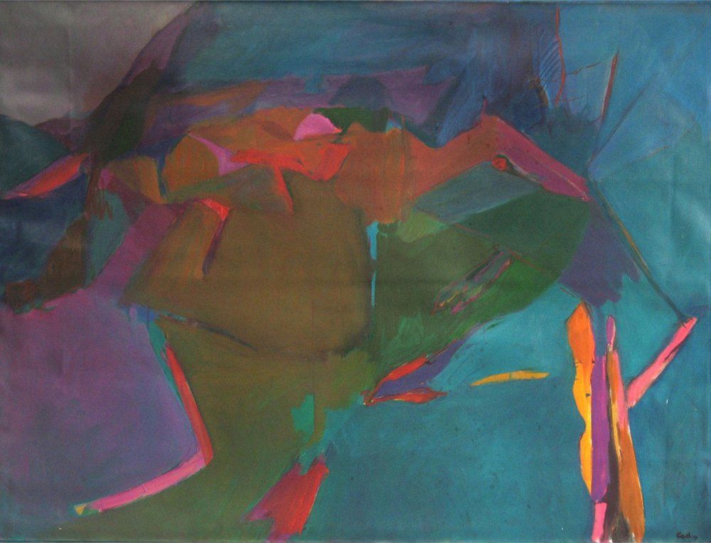 Abstract painting with blue, green, orange, and purple shapes