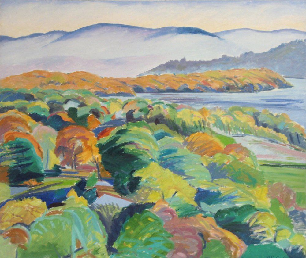 Landscape painting of a bay with hills and trees, in shades of green, orange, and blue