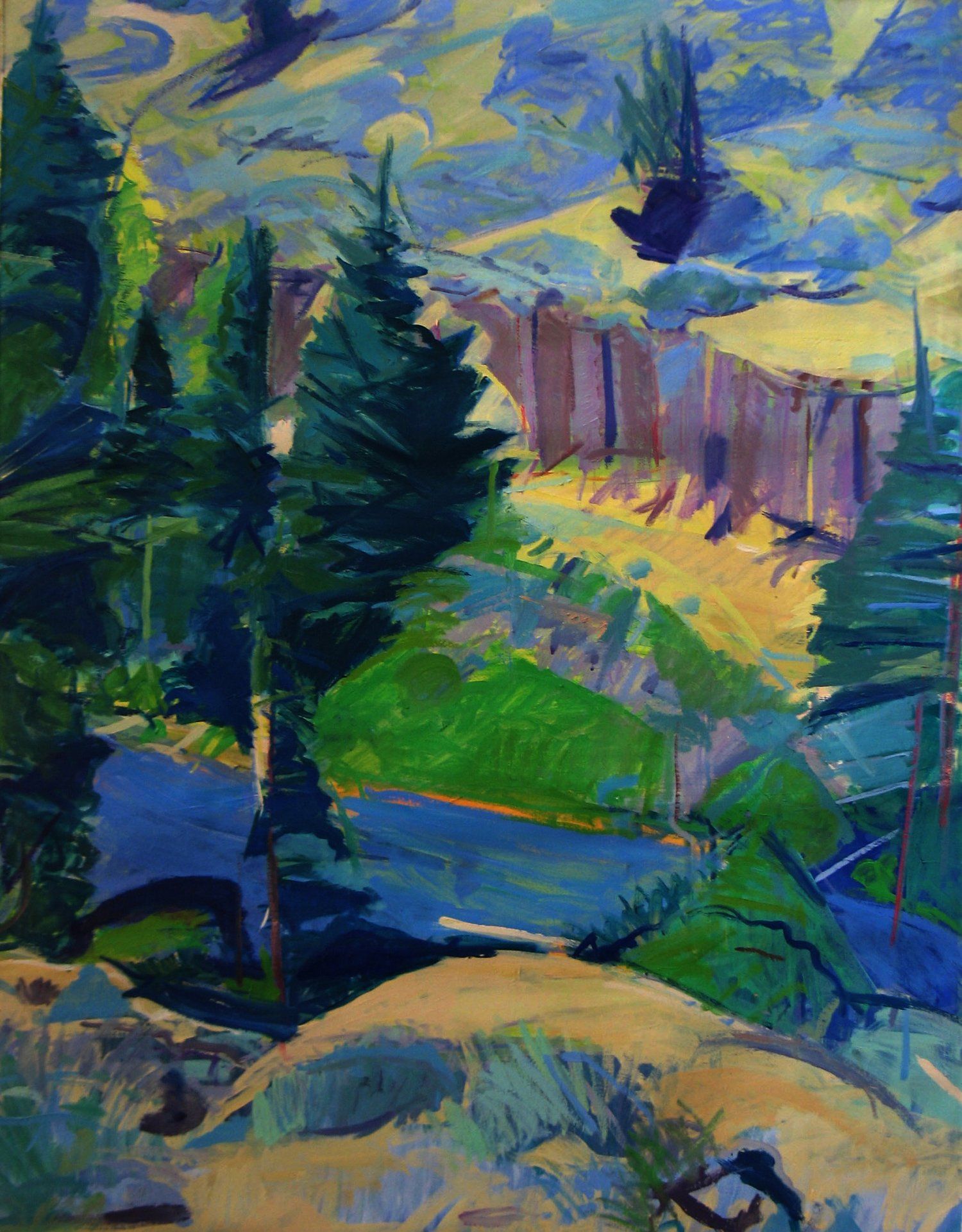 Forest landscape painting with tall green trees and a blue sky