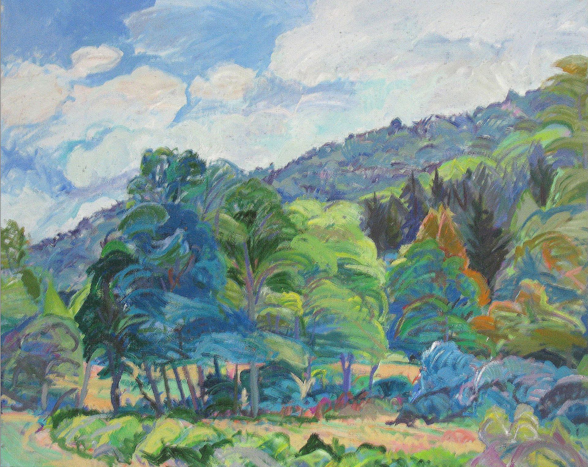 Green and blue trees and hills under a cloudy sky