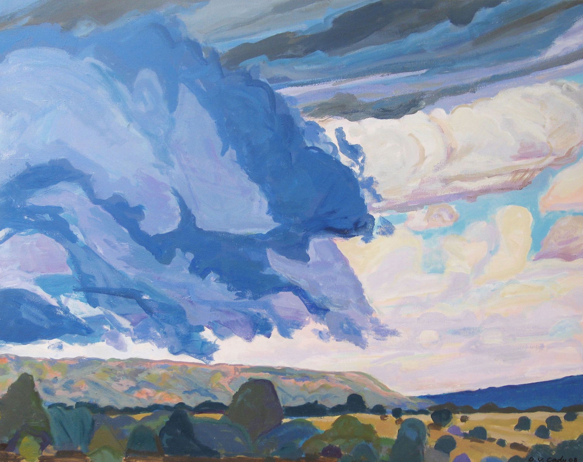 Dramatic cloudscape painting with dark blues