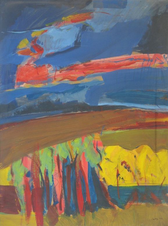 Abstract landscape painting with blue sky