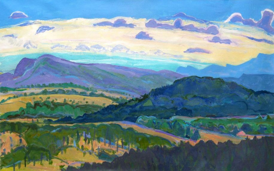 Rolling hills and mountains in watercolor style with shades of green, blue, purple, and yellow