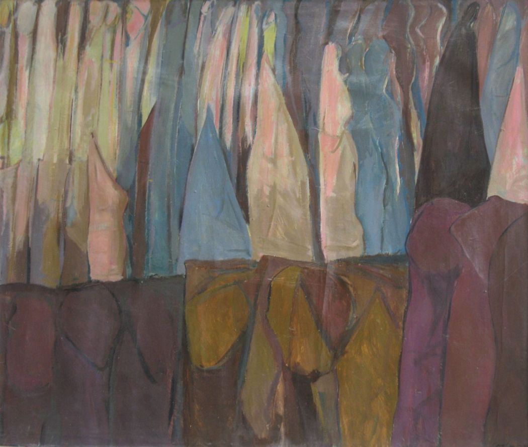 Abstract painting, vertical strokes of muted blues, pinks, and browns