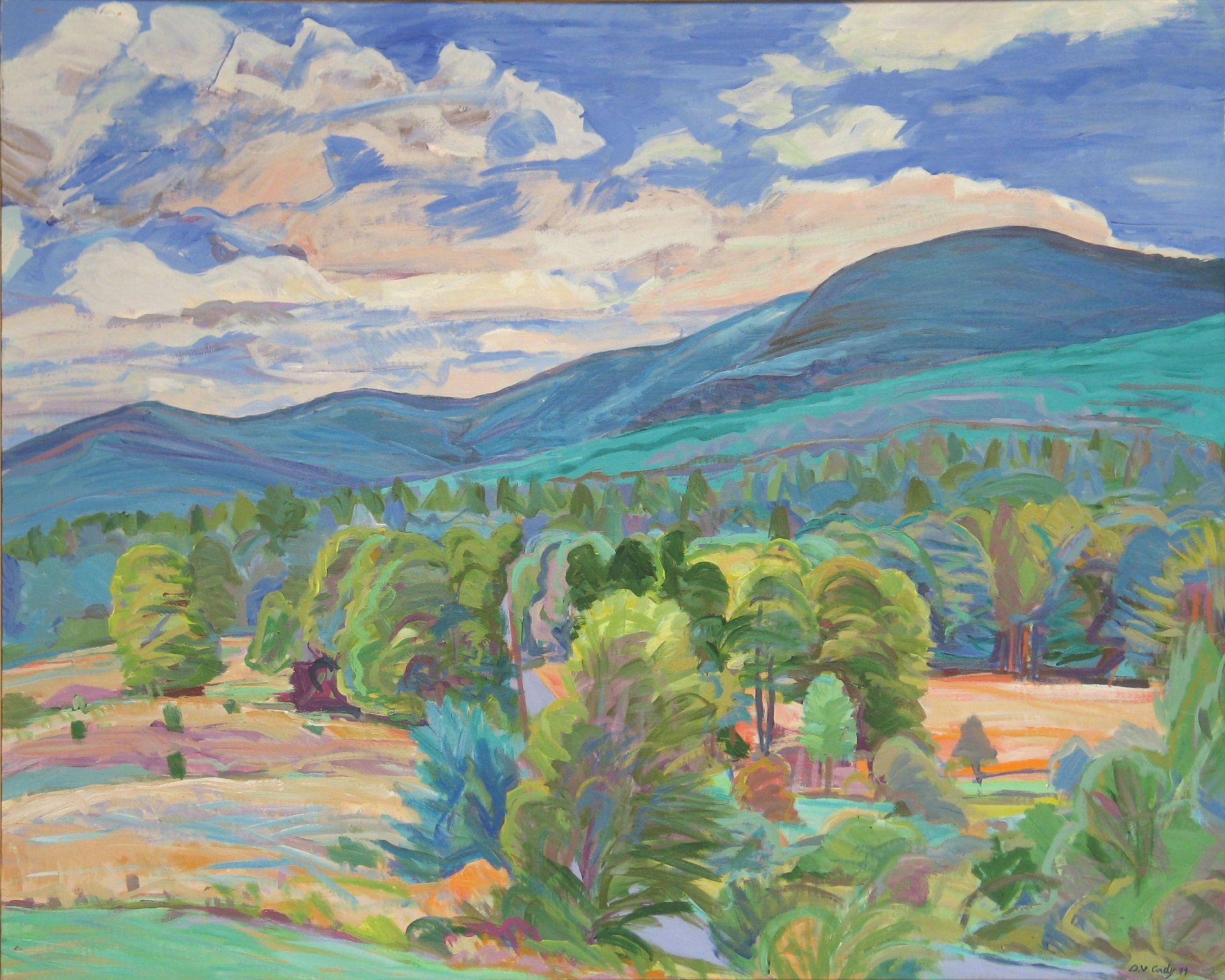 Landscape painting with blue mountains, green trees, and a cloudy sky