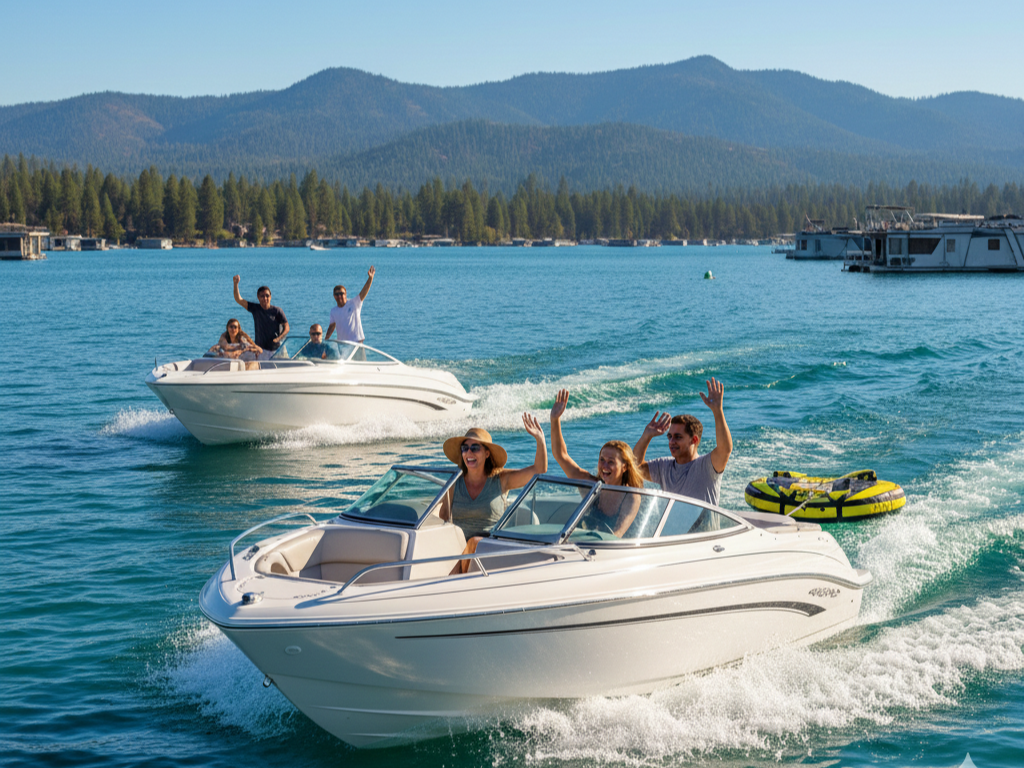 A waterfall is surrounded by trees and mountains in the background.