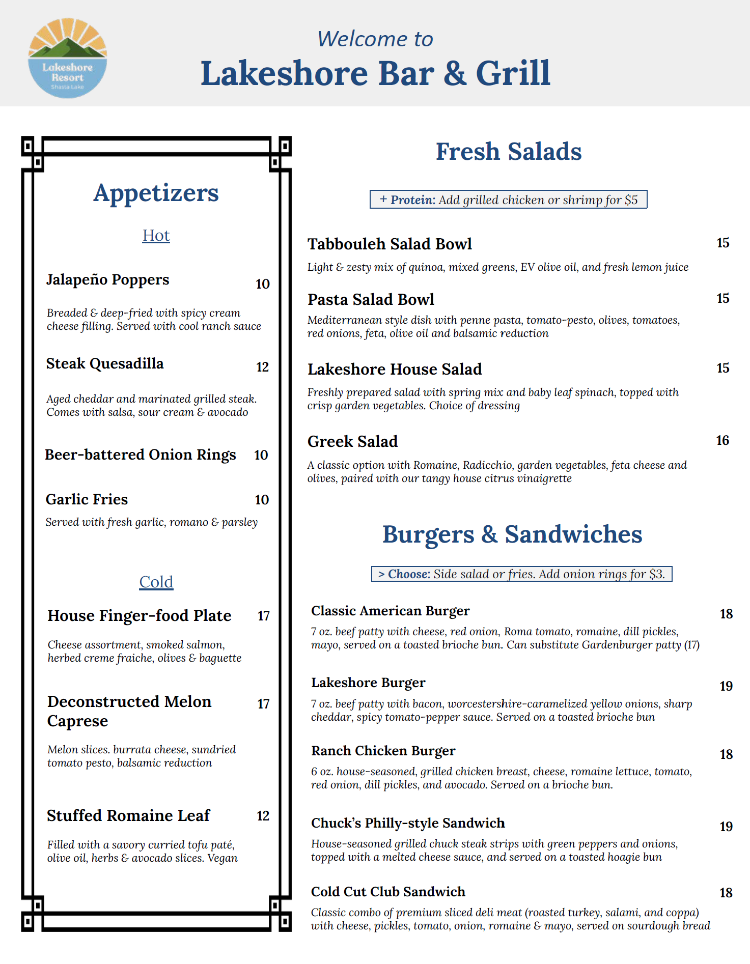 Lakeshore Bar & Grill Menu