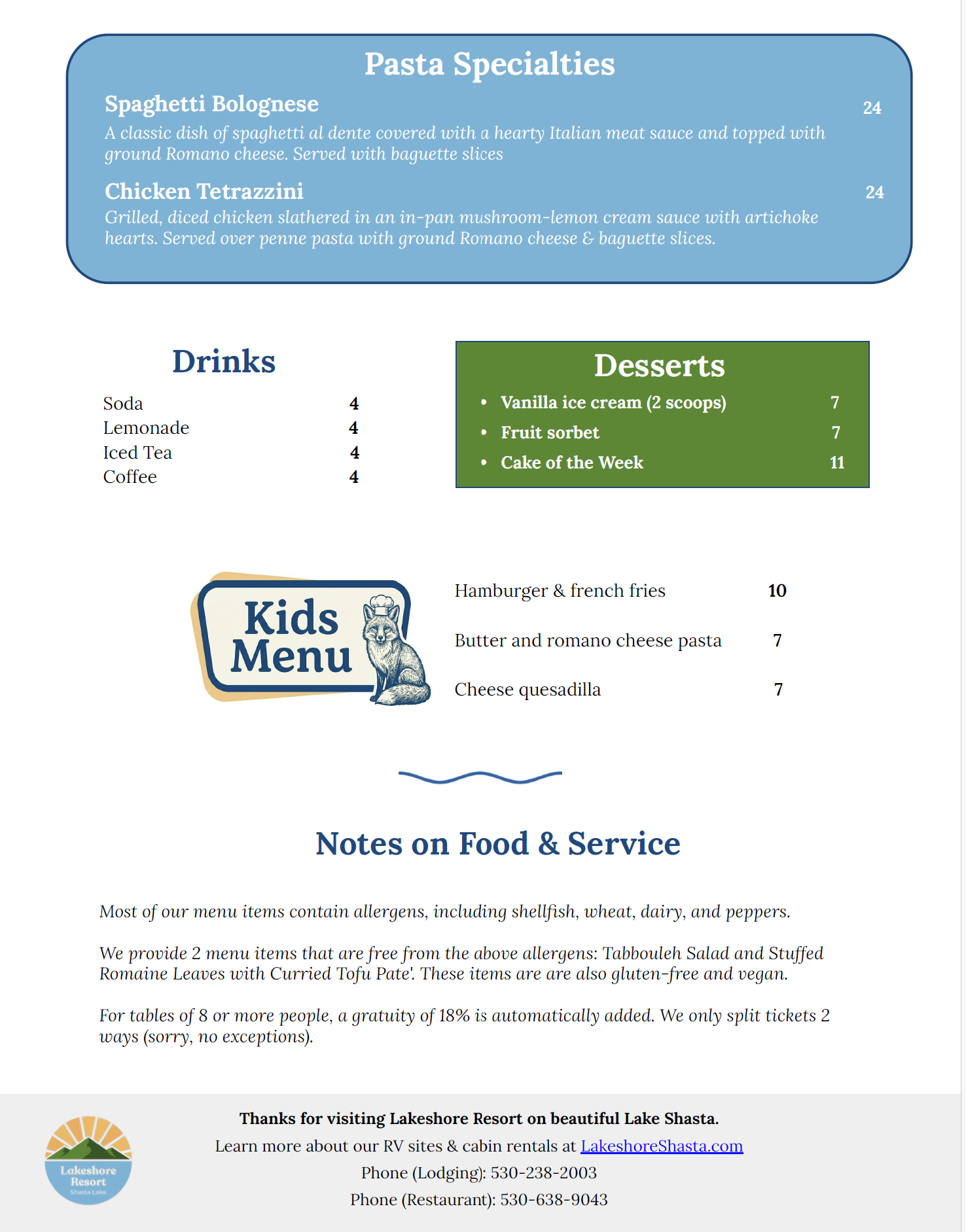 Lakeshore Bar & Grill Menu