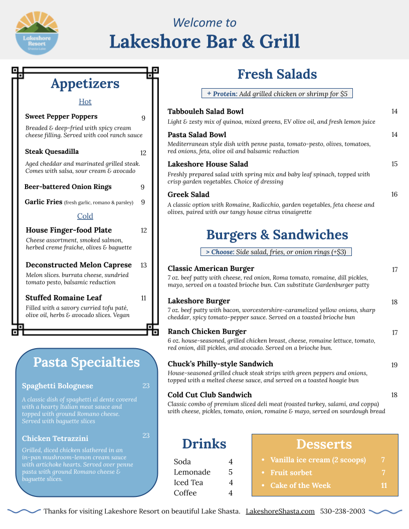 Lakeshore Bar & Grill Menu