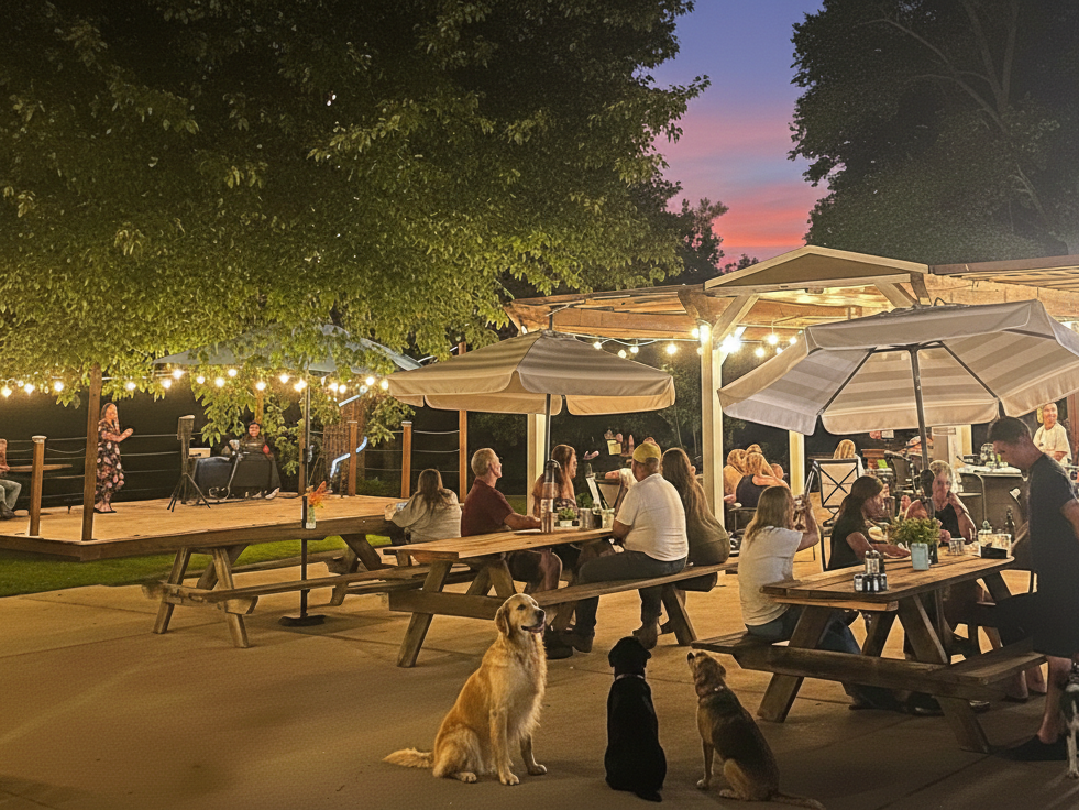 People at outdoor picnic tables with dogs, under string lights and umbrellas, at dusk.