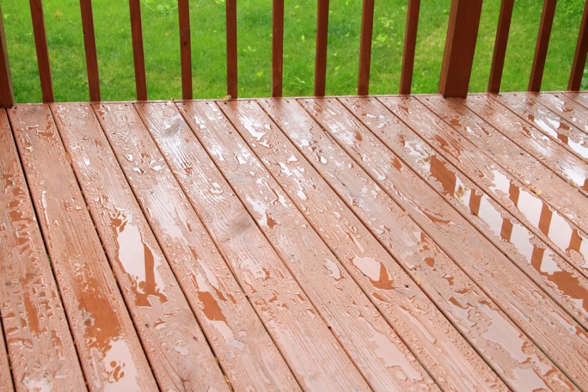 A wooden deck stained in a rich reddish-brown hue, freshly wet from rain, in Lexington, KY. Water pools and droplets are scattered across the deck's planks, reflecting the light and environment above. The background shows the vertical lines of a matching wooden railing and a glimpse of a lush green lawn beyond, hinting at a garden setting. The image captures the peaceful aftermath of rainfall, where the deck awaits the return of sunny skies.
