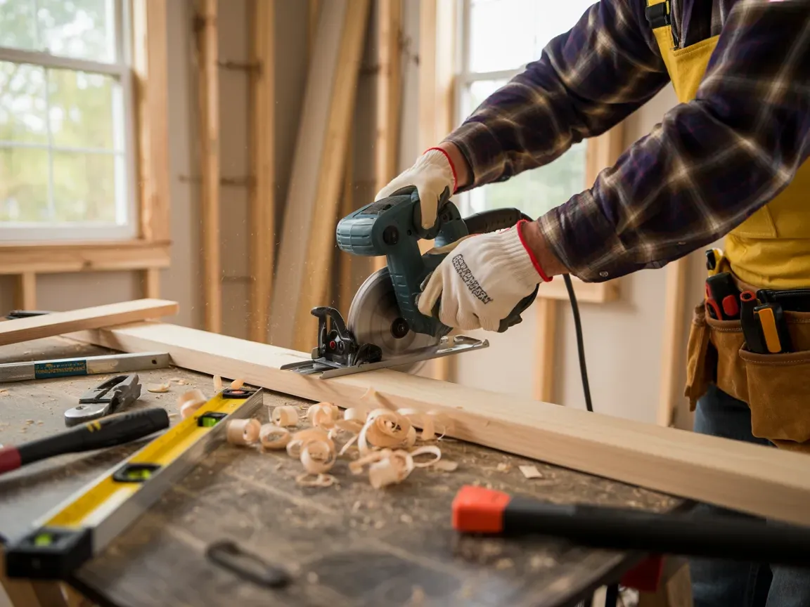 Person using a circular saw to cut wood on a workbench in a construction setting.
