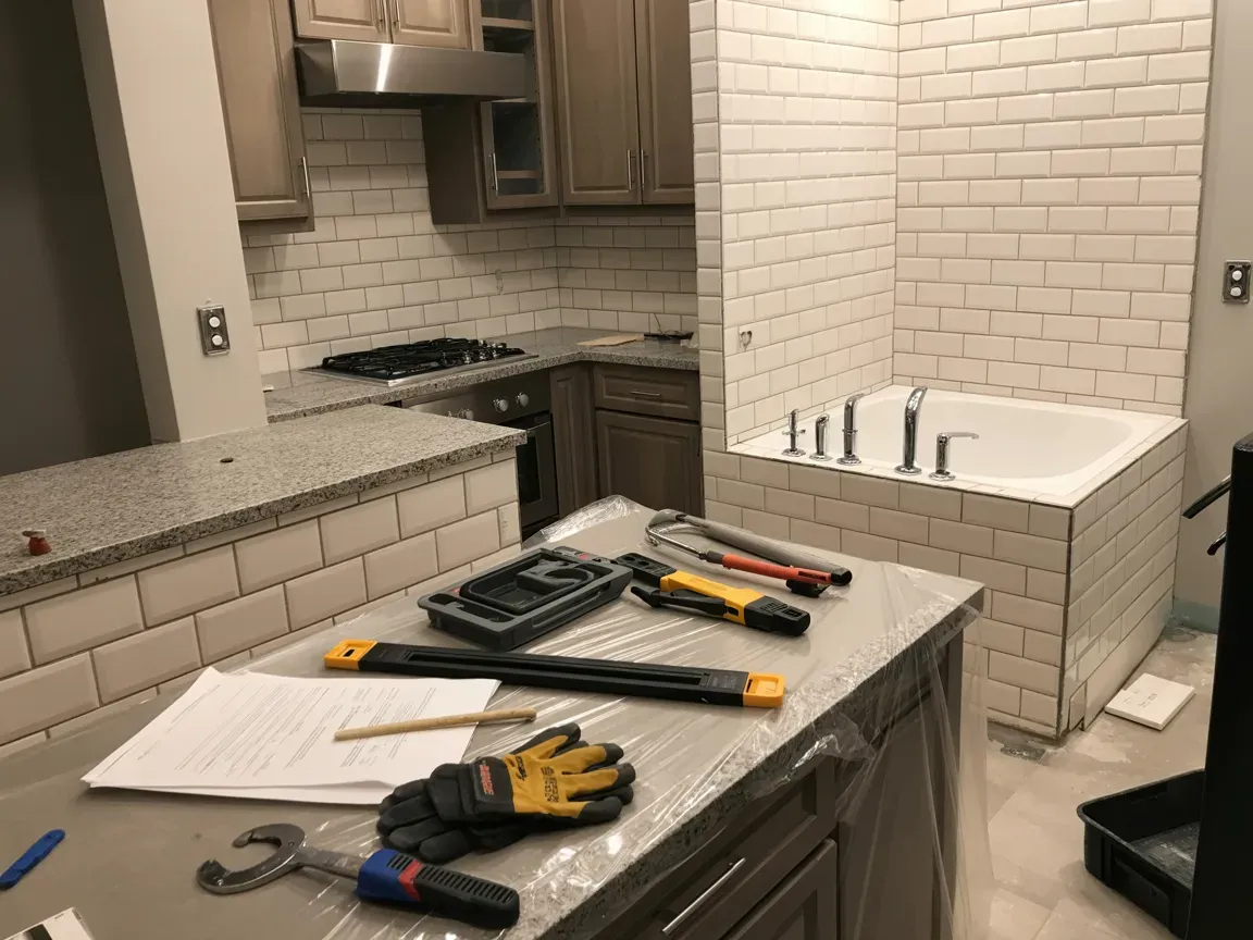 Kitchen with gray countertops and cabinetry, white tile backsplash, and a built-in tub with tools on the counter.