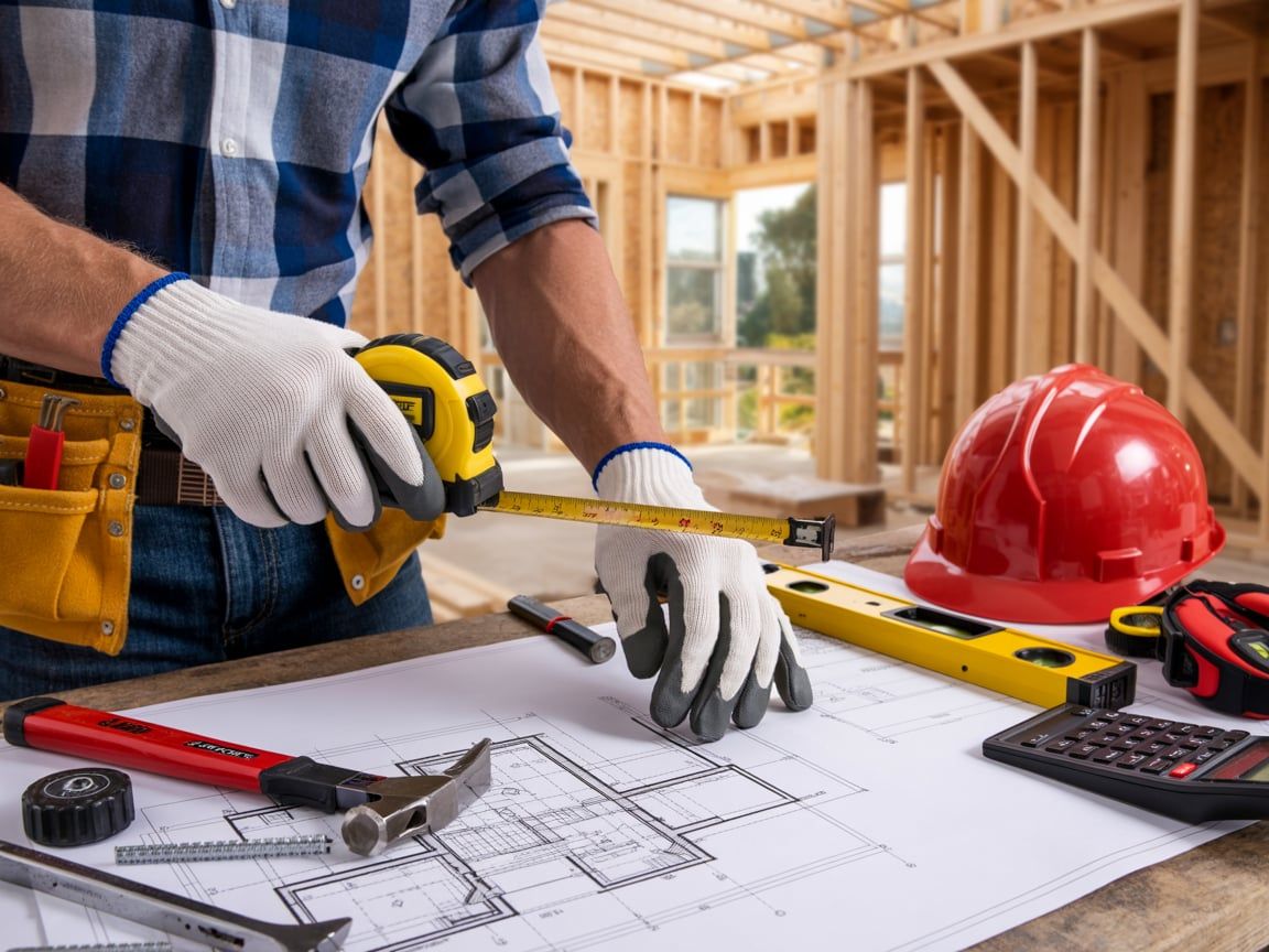 Construction worker measuring blueprints at a building site, tools and red hard hat on the table.