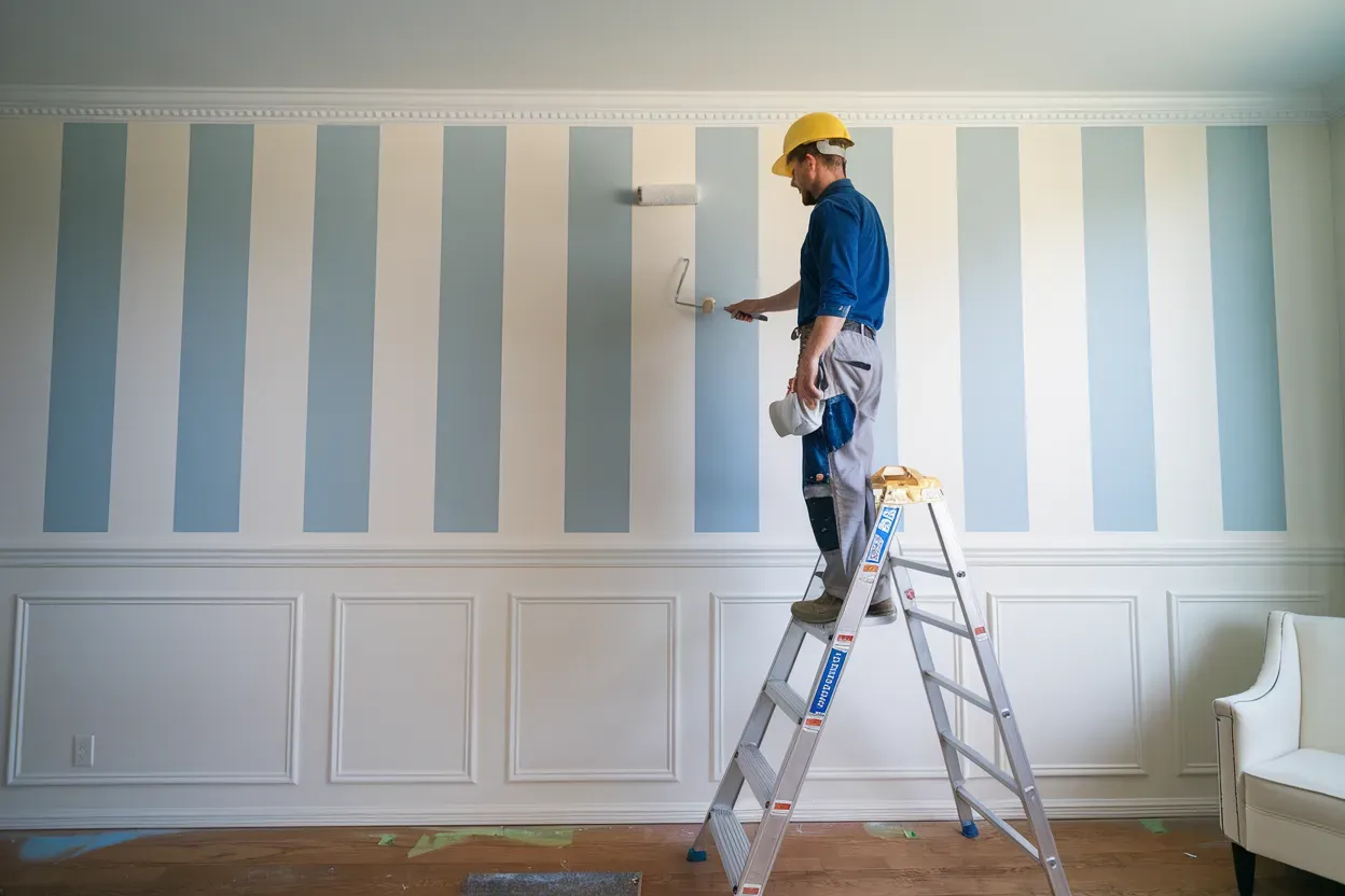 A man is standing on a ladder painting a striped wall.