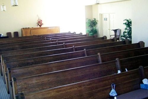 Church pews at Denton Wood Funeral Home in Carlsbad, NM