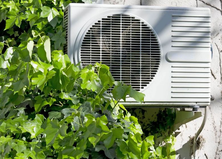 A white air conditioner is mounted to a wall surrounded by green plants.