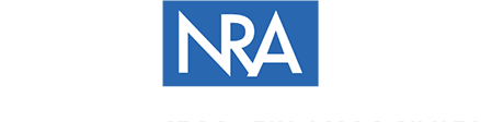 The nra logo is a blue square with white letters on a white background.