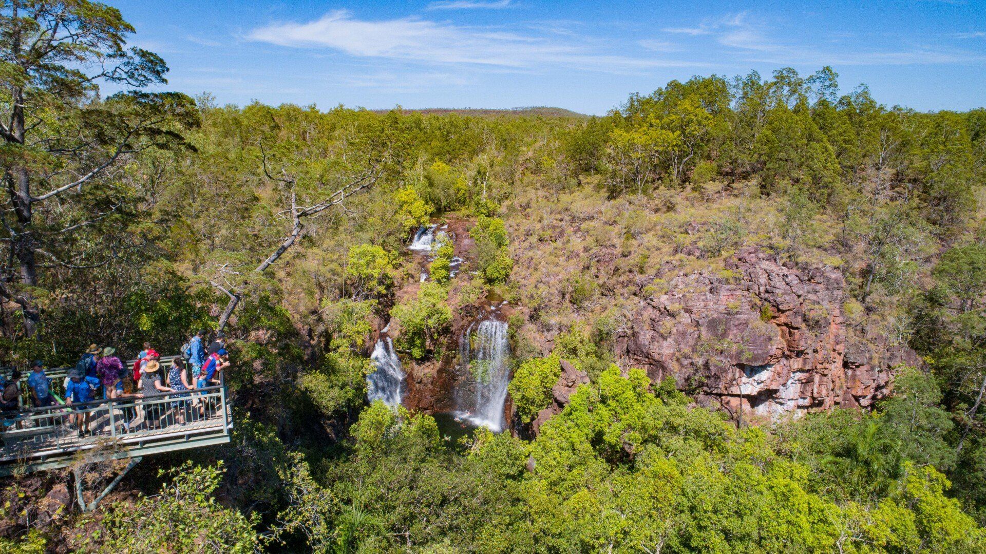 A group of people are standing on a bridge overlooking a waterfall in the middle of a forest.