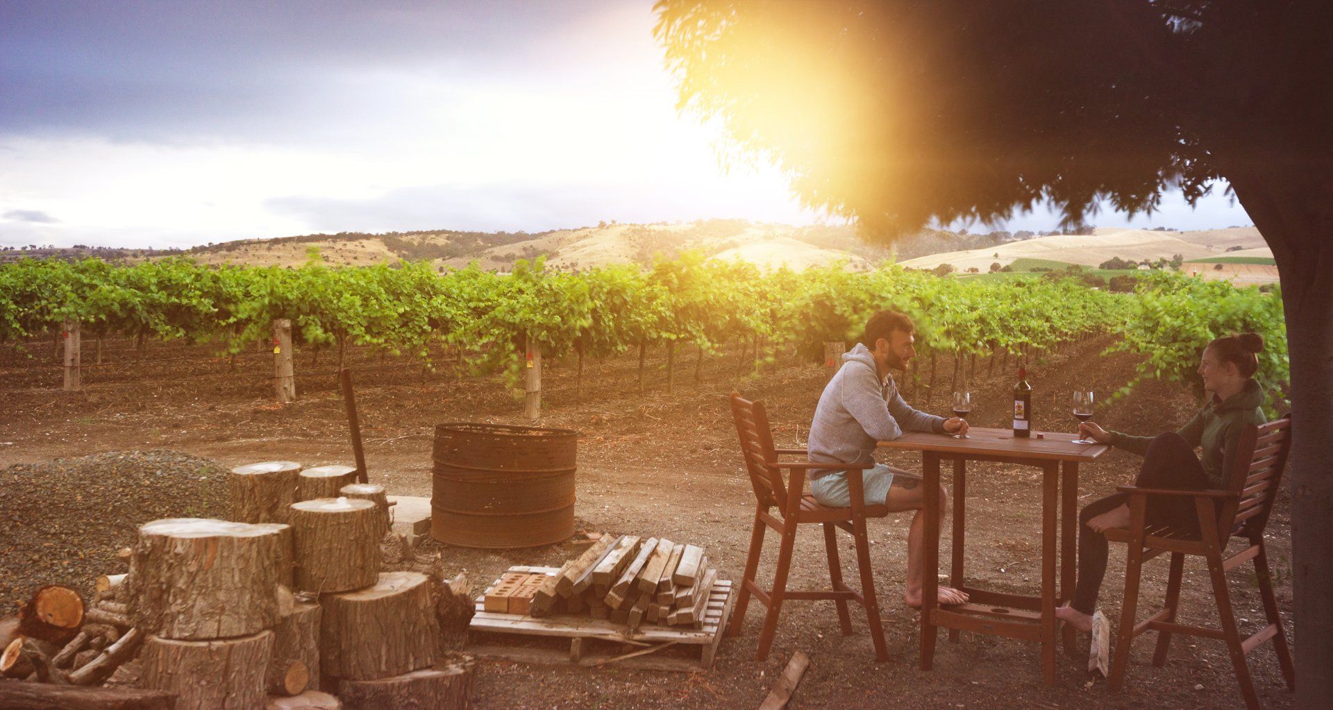 Two people are sitting at a table in a vineyard.