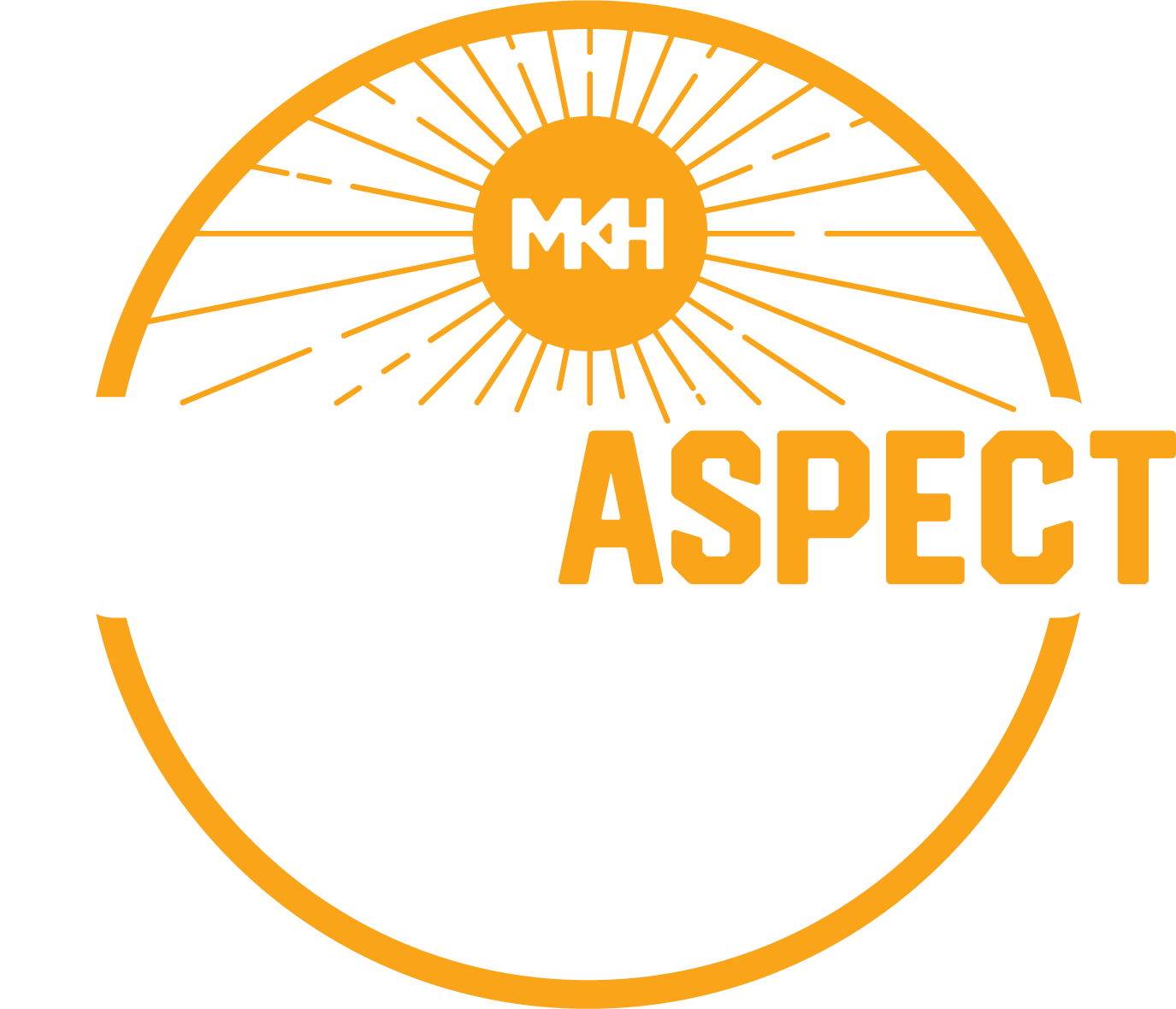 A logo for mkh aspect with a sun in the center