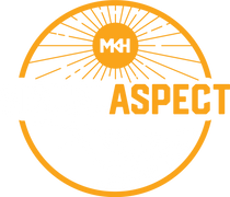 A logo for mkh aspect with a sun in the center