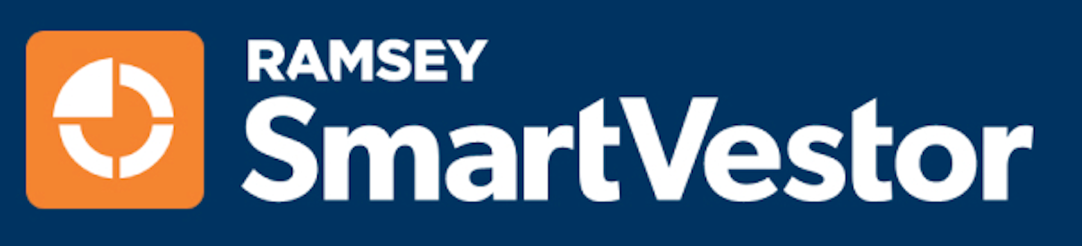 Ramsey SmartVestor logo on a dark blue background. Orange square with a circular icon and the text 