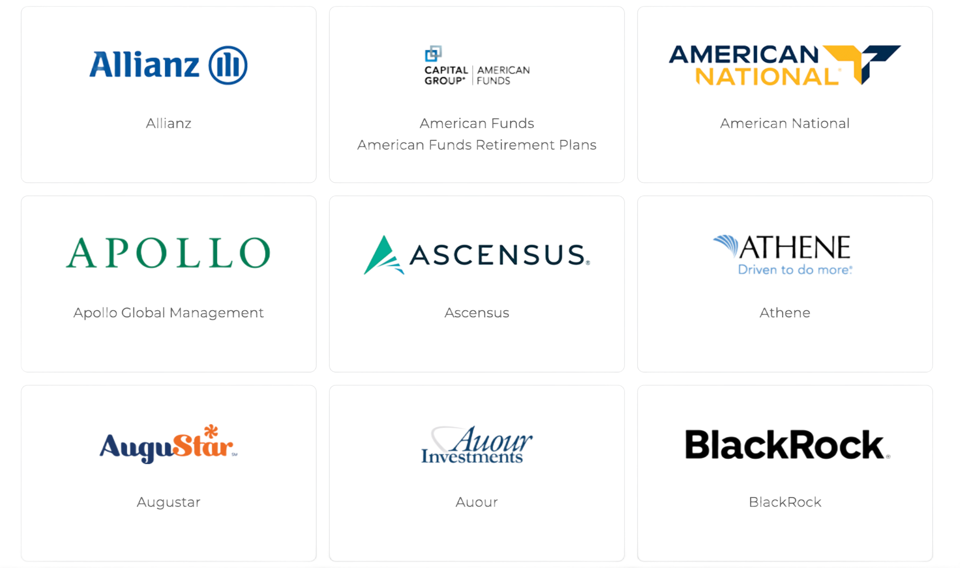 Logos of financial institutions including Allianz, BlackRock, and Apollo.