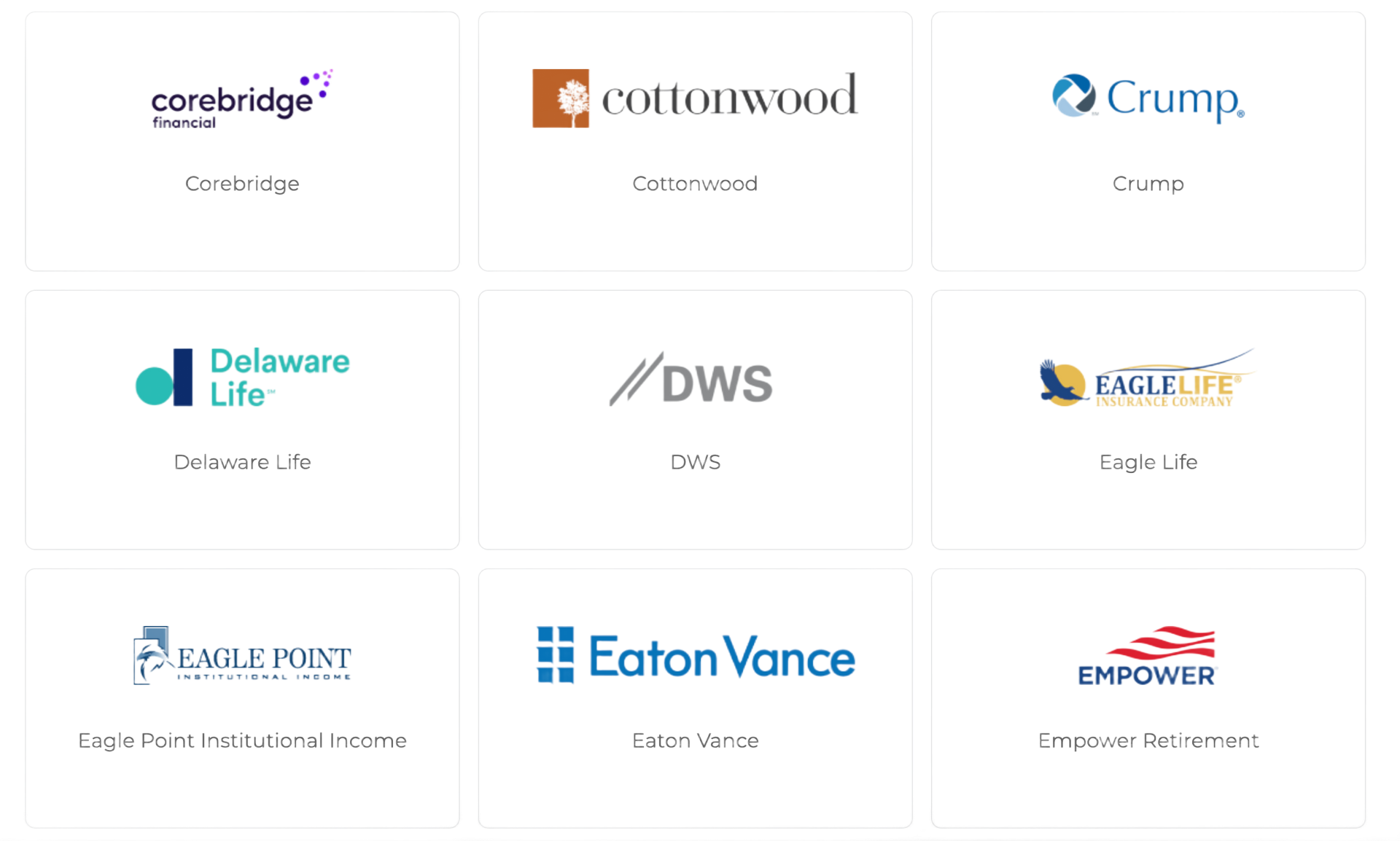 Logos of several financial companies: Corebridge, Cottonwood, Crump, Delaware Life, DWS, Eagle Life, Eagle Point, Eaton Vance, and Empower.