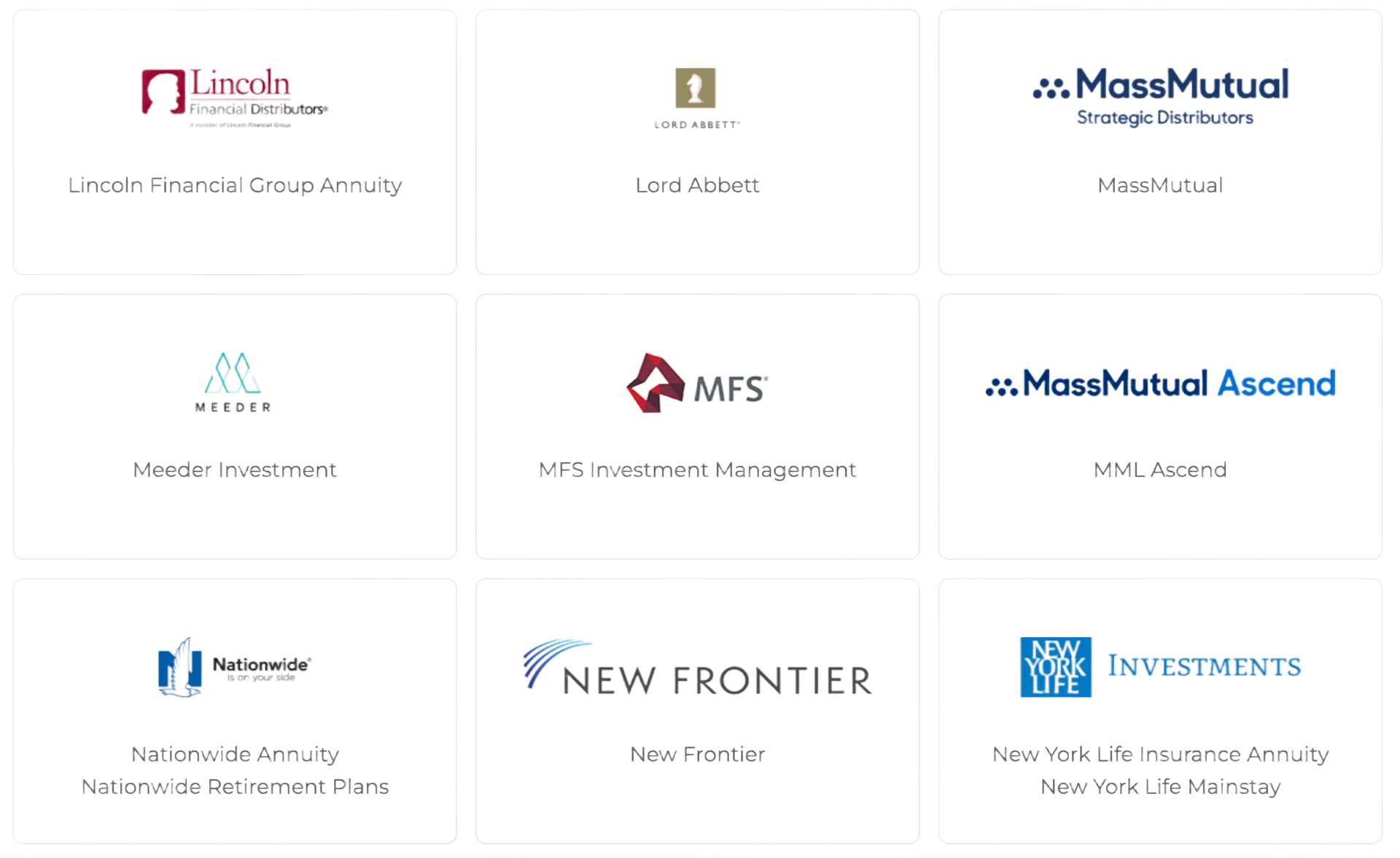 Logos of financial institutions, including Lincoln Financial, MassMutual, and New York Life.