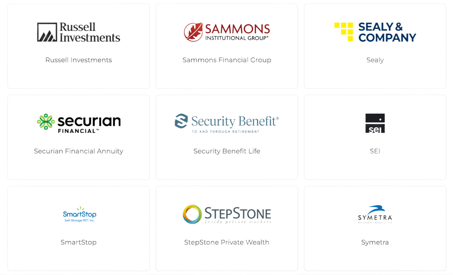 Logos of Russell Investments, Sammons Financial Group, Sealy & Company, Securian Financial, Security Benefit, and others.