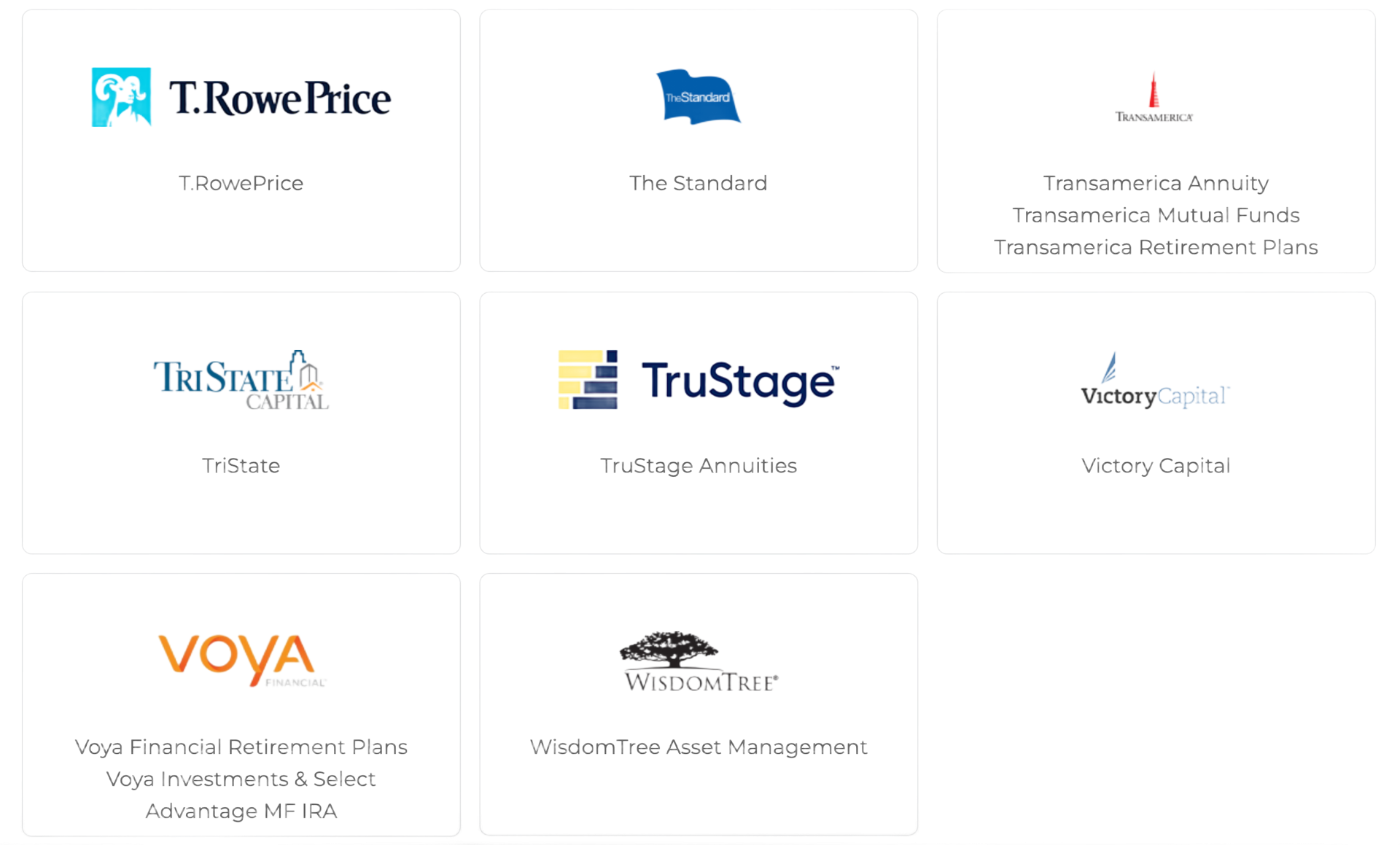 Logos of T. Rowe Price, The State Bank, First American, TriState, TruStage, Victory Capital, Voya, and Woodforest.