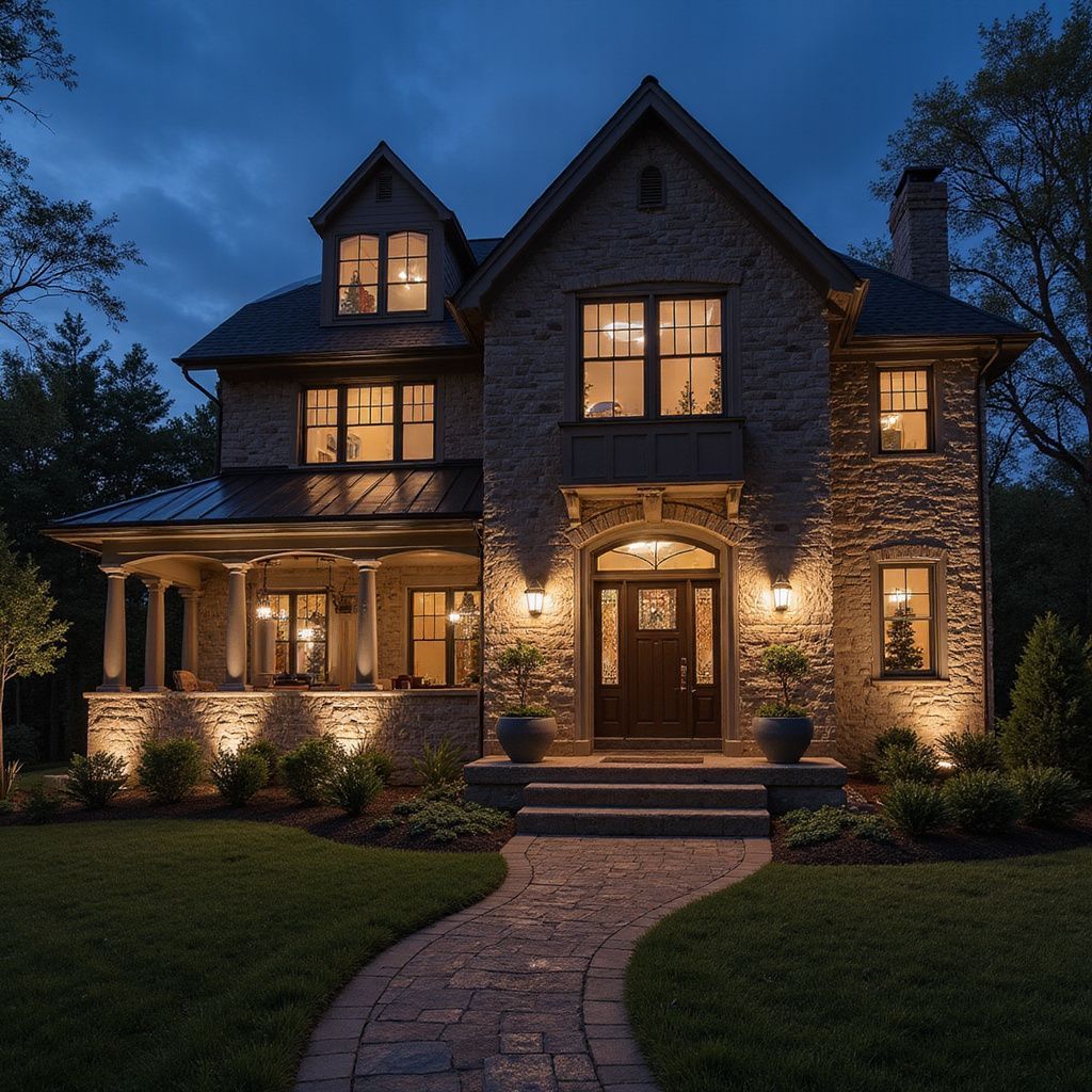 Stone house at dusk, lit up by exterior lights, pathway leading to the front door.