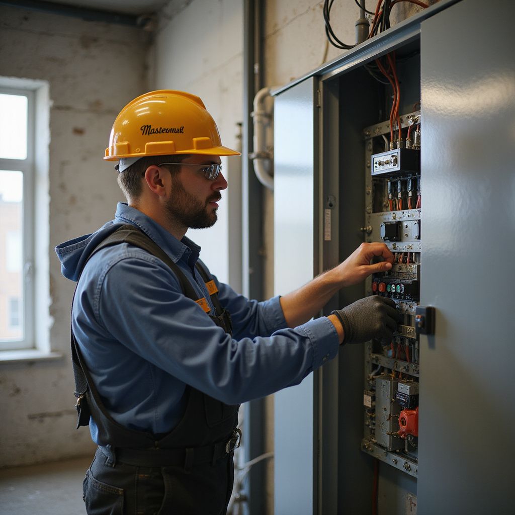 Electrician in blue overalls and yellow hard hat works on a control panel inside a building.