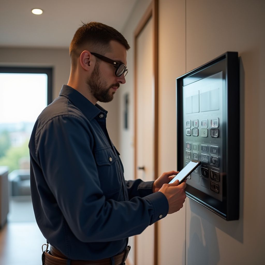 Man with glasses and beard uses a tablet next to a panel on a wall in a hallway.