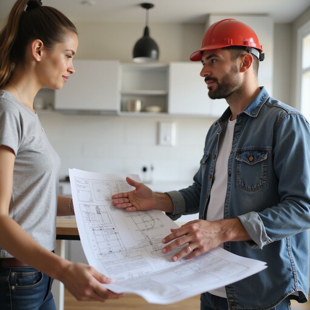 Woman and man (wearing a hard hat) reviewing blueprints in a kitchen, discussing home renovations.