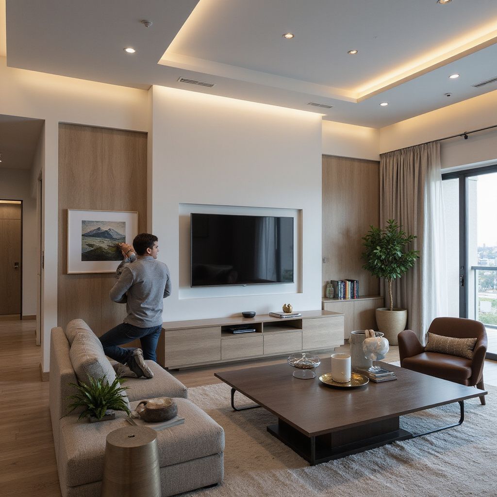 Man in living room, adjusting TV.  Neutral color scheme: wood paneling, white walls, gray couch, large screen.