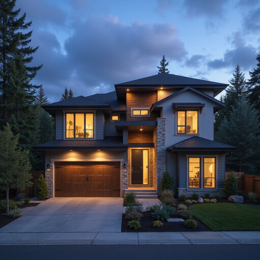 Two-story house with dark gray siding, wooden garage door, and lit windows at dusk.