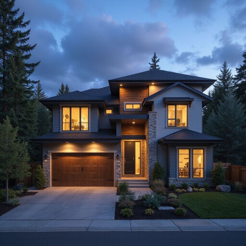 Two-story house with dark gray siding, wooden garage door, and lit windows at dusk.