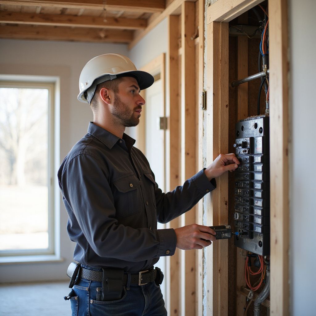 Electrician in a white hard hat working on a breaker box in a partially constructed room.