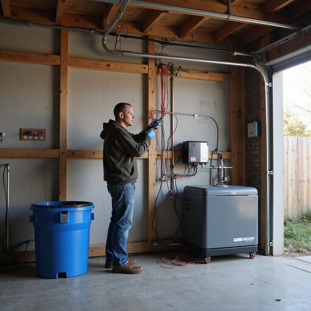 Man working on pipes in a garage, next to equipment and blue trash can.