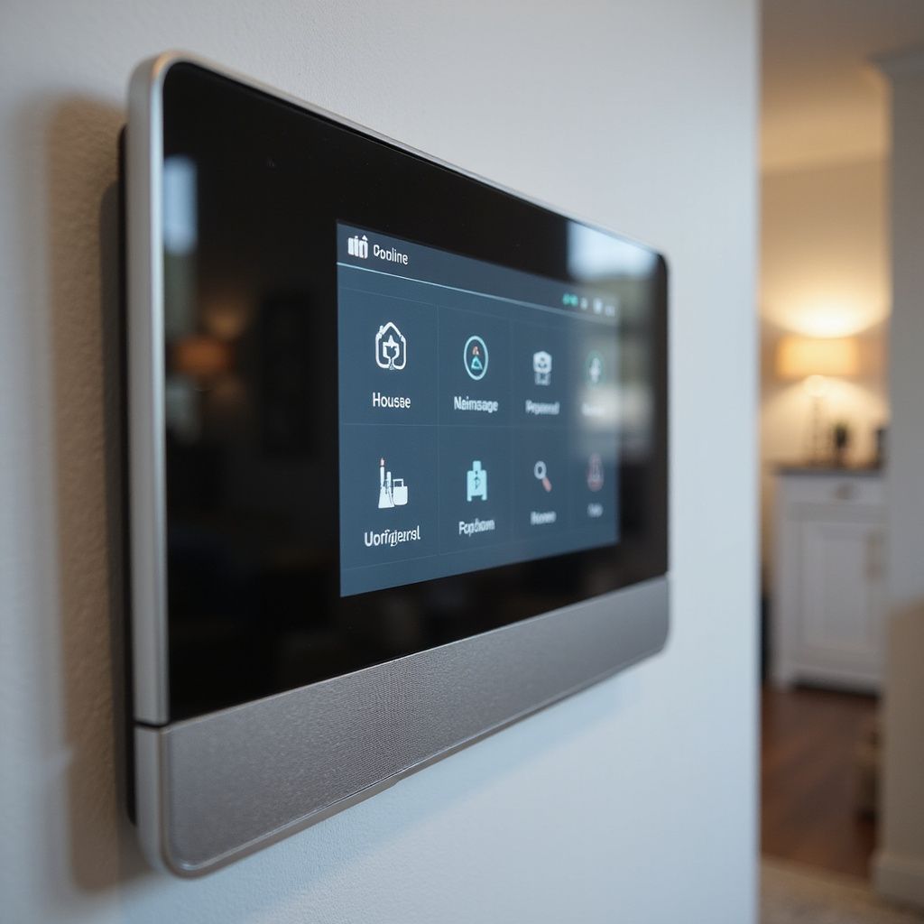 Smart home control panel mounted on a white wall, displaying a touchscreen interface with icons.
