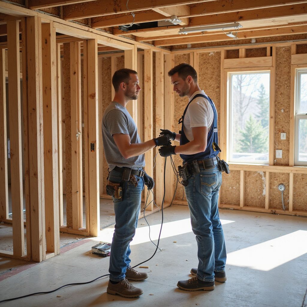 Two men in a wood-framed room. One holds electrical wire; they appear to be inspecting it.
