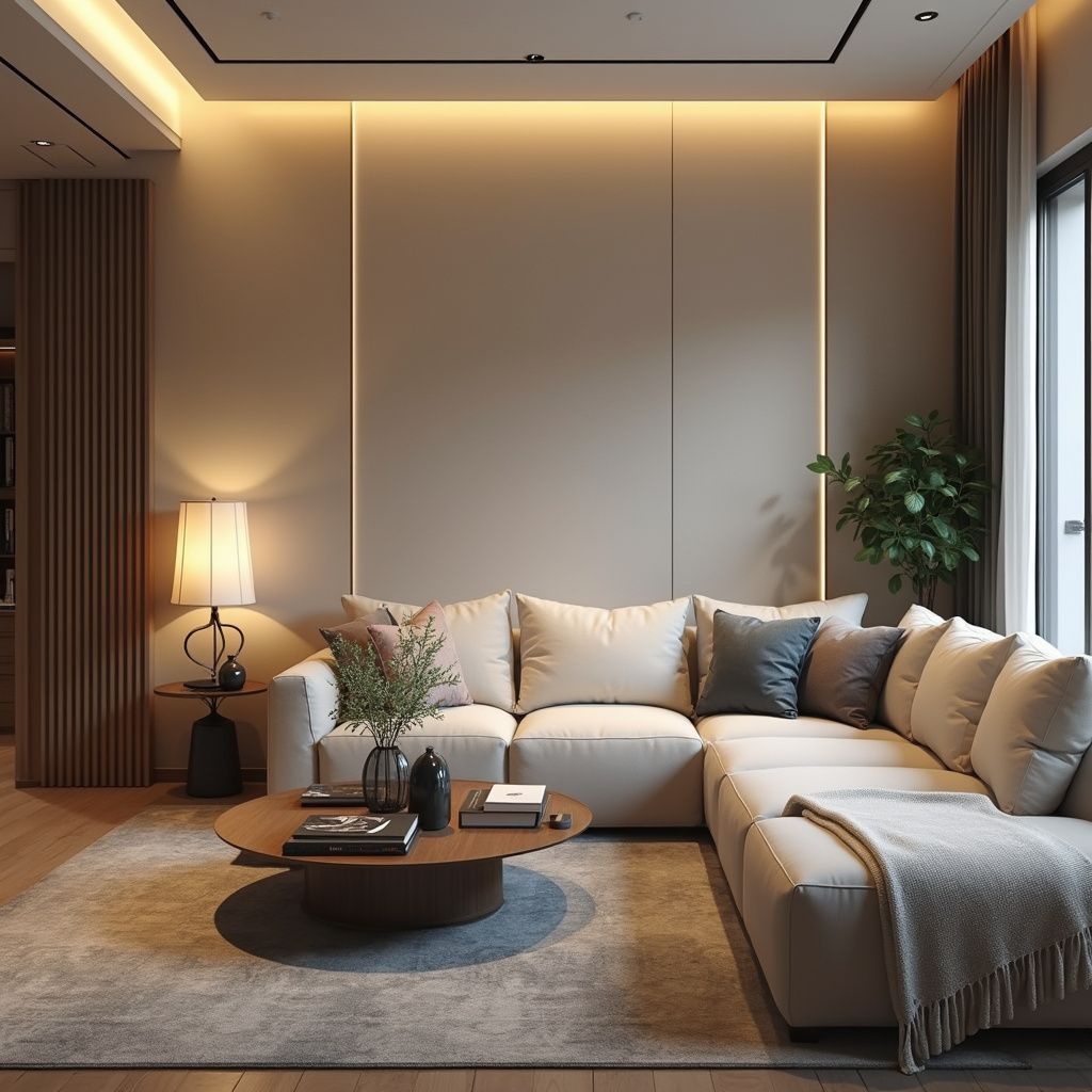 Living room with cream-colored sectional sofa, round coffee table, and large window; neutral tones.