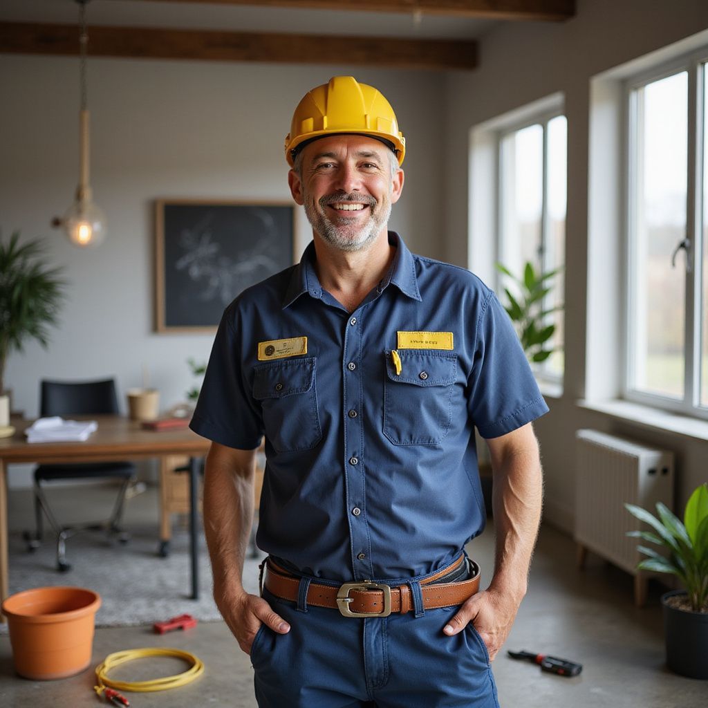 Smiling electrician wearing yellow hard hat and blue uniform stands indoors with hands in pockets.