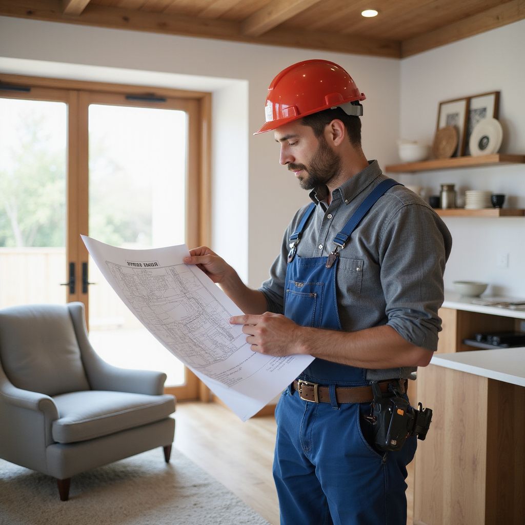 Construction worker in a hard hat and overalls examining blueprints in a bright, modern interior.