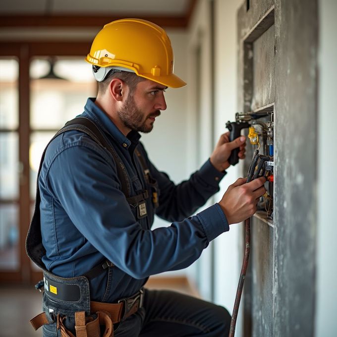 Electrician in yellow hard hat wiring electrical panel.