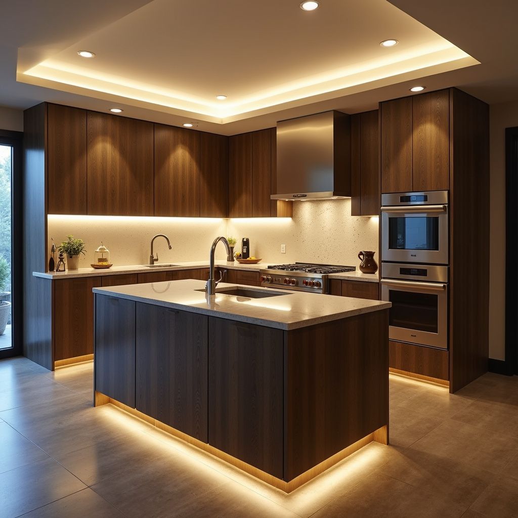 Modern kitchen with wood cabinets, island, and LED lighting.